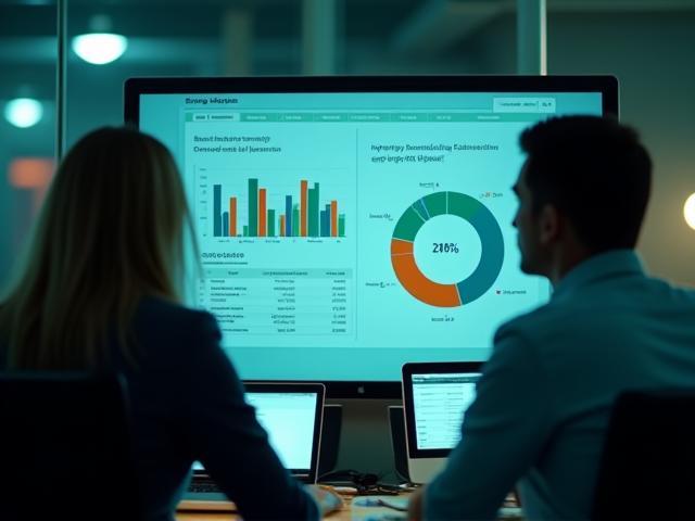 Business owners analyzing energy usage with digital dashboards